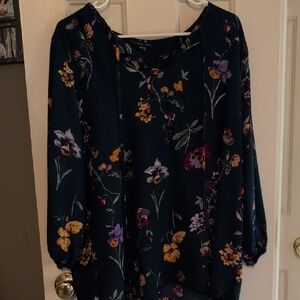 West Kei Dark Teal Floral V-Neck Long-Sleeve Blouse